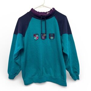 Vintage 90’s Sportif Teal and Navy Royal Crest Design Turtleneck Sweater Small